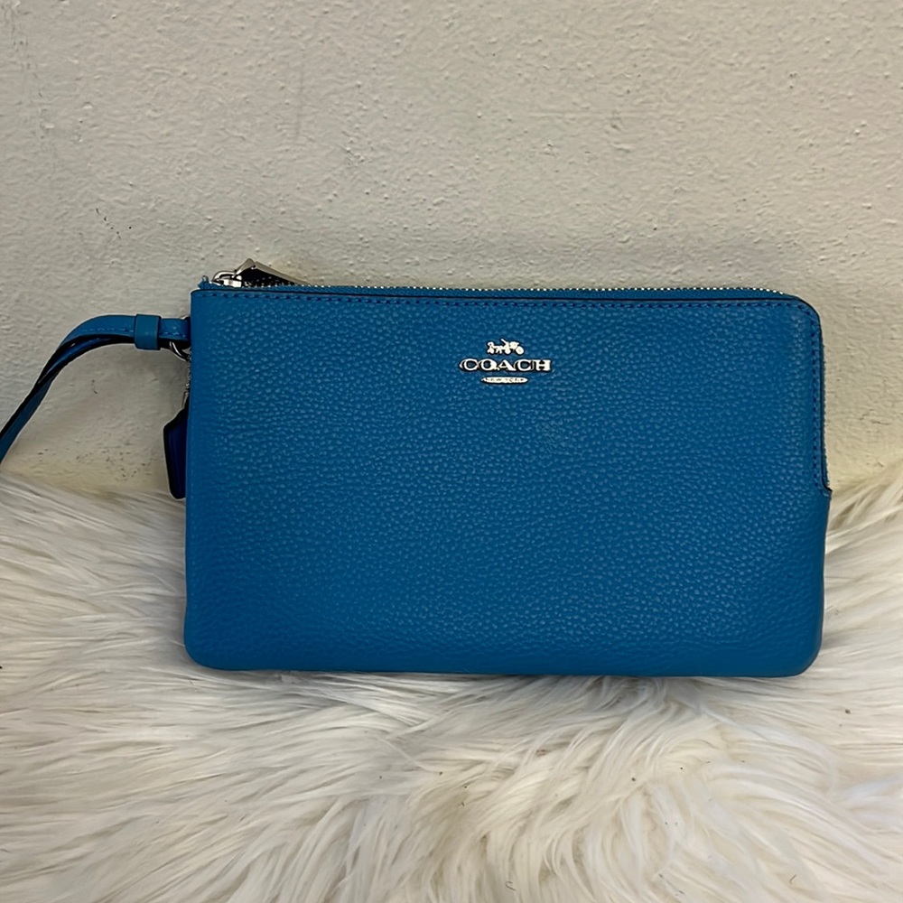 Coach Blue Pebbled Leather Double Corner Zip Wrislet